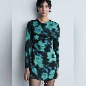 Mango Green and Black Blur Long Sleeve Mini Dress